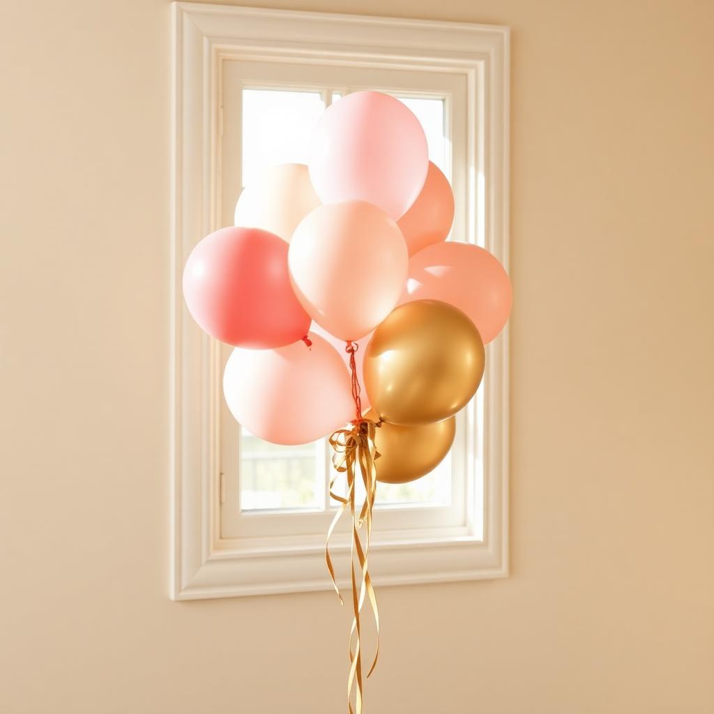 A soft balloon arrangement in dusty pink, cream and gold