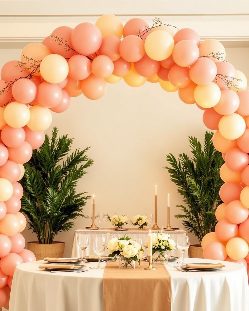 Coral and cream balloon arch over a candlelit dinner table