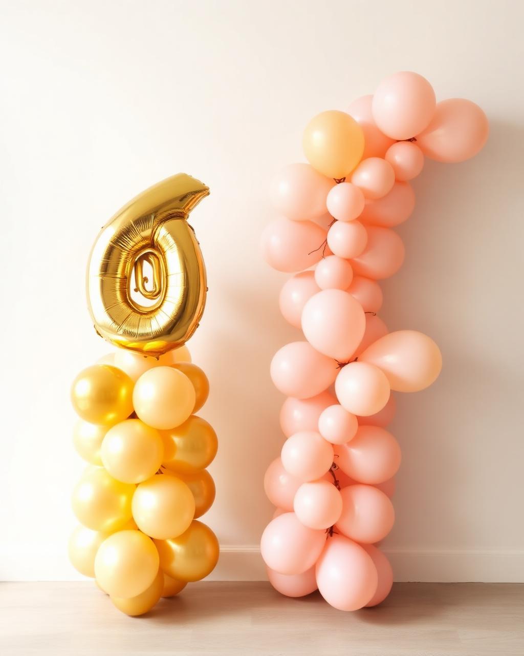 Gold number stack beside a tall blush balloon column