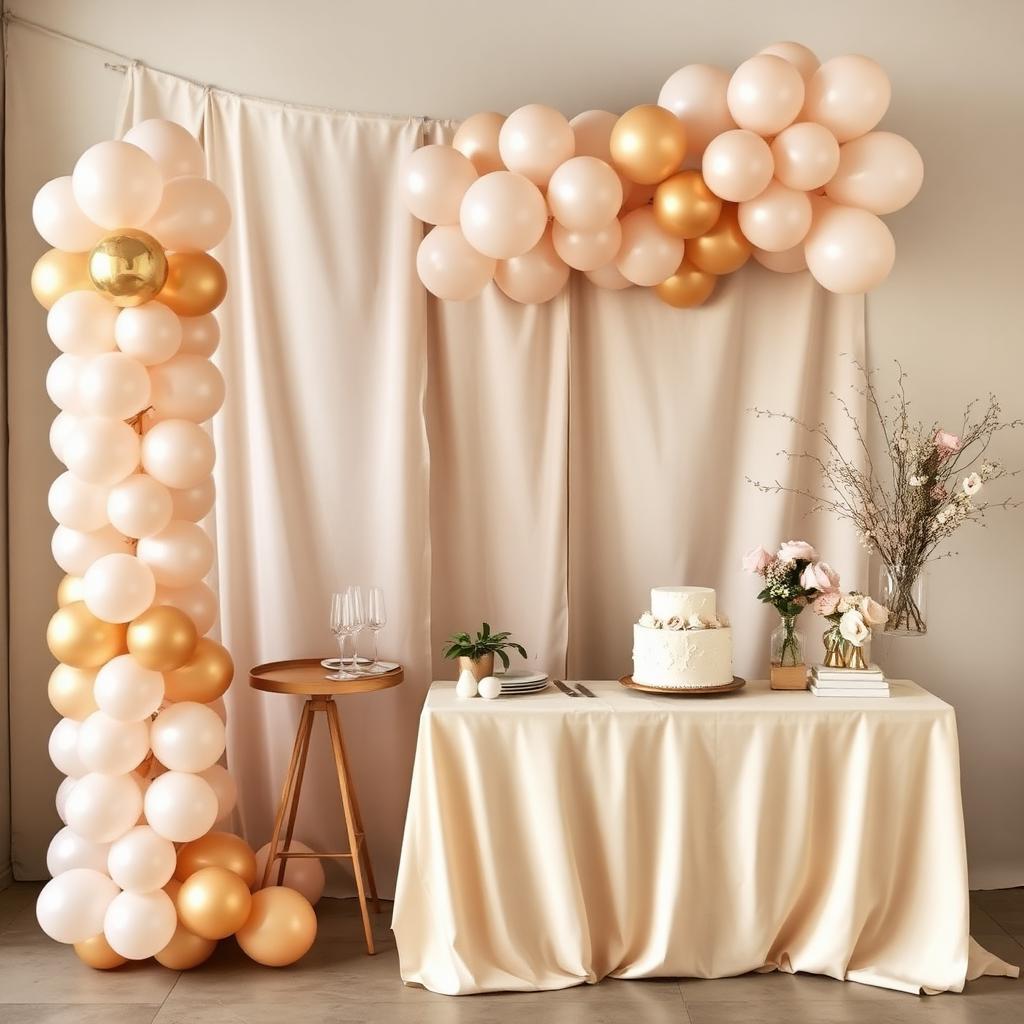 Cream and blush balloon backdrop with cake table and florals
