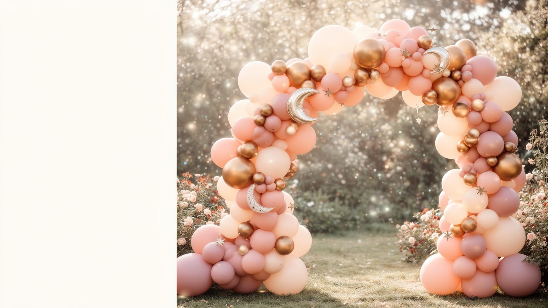 A dreamy blush and gold balloon arch installation in a garden setting